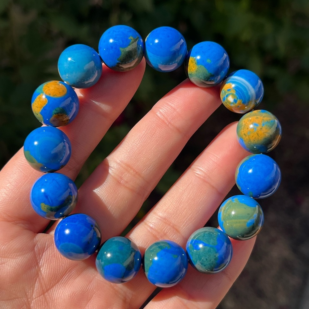 14mm stretchable blue earth pattern agate bracelet - Picture 11 of 13